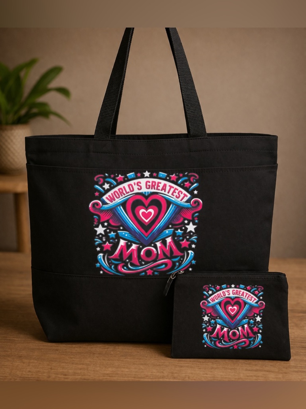 World’s Greatest Mom Tote Bag Set w/ Matching Pouch Gift Black Handmade